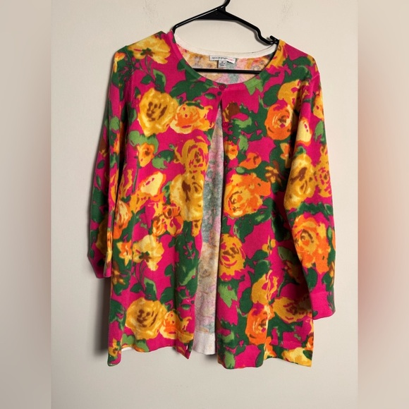 Isaac Mizrah Live! Floral Pink and Yellow Cardigan - Picture 3 of 9